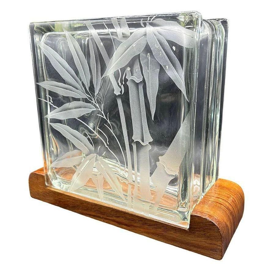 Mid-century Hawaiian Acid Etched Bamboo Glass Block Vase w/ Monkey Pod Wood Base - 9