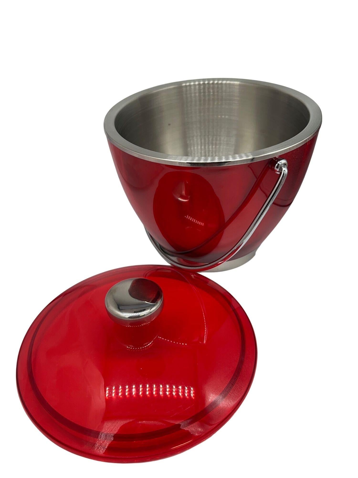 Mid-century Red Acrylic & Stainless Steel Ice Bucket - 14