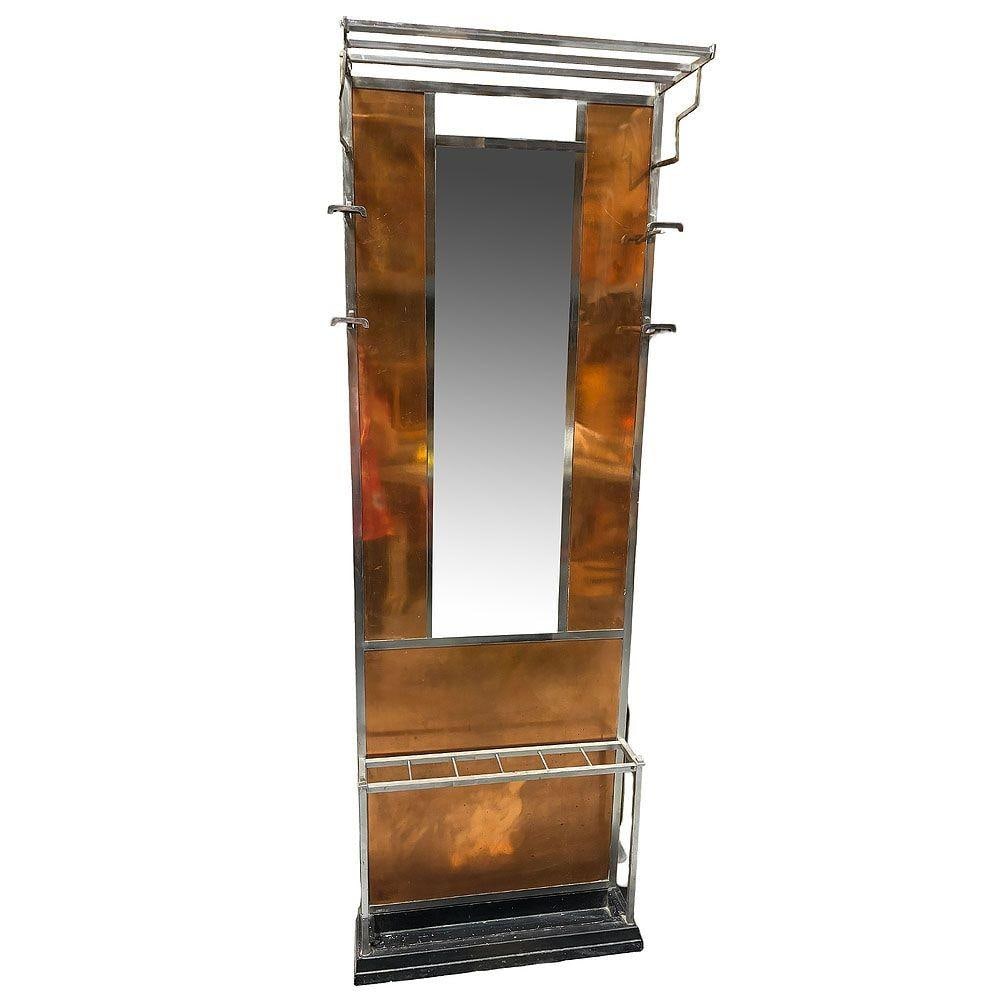 Art Deco Copper & Chrome Hall Tree w/ Vanity Mirror - 18