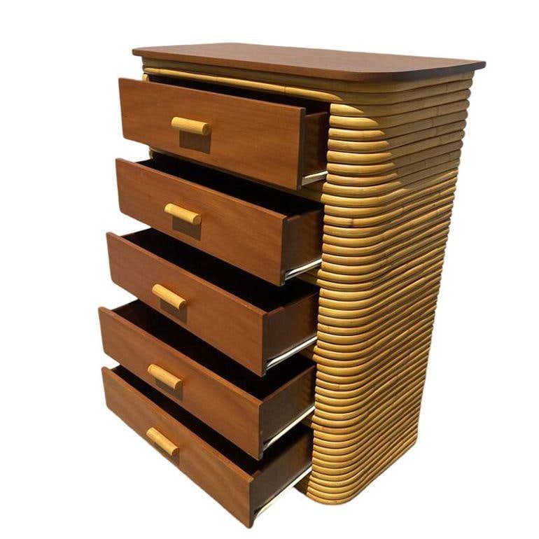 Restored Art Deco Stacked Rattan Highboy Dresser w/ Mahogany - 18