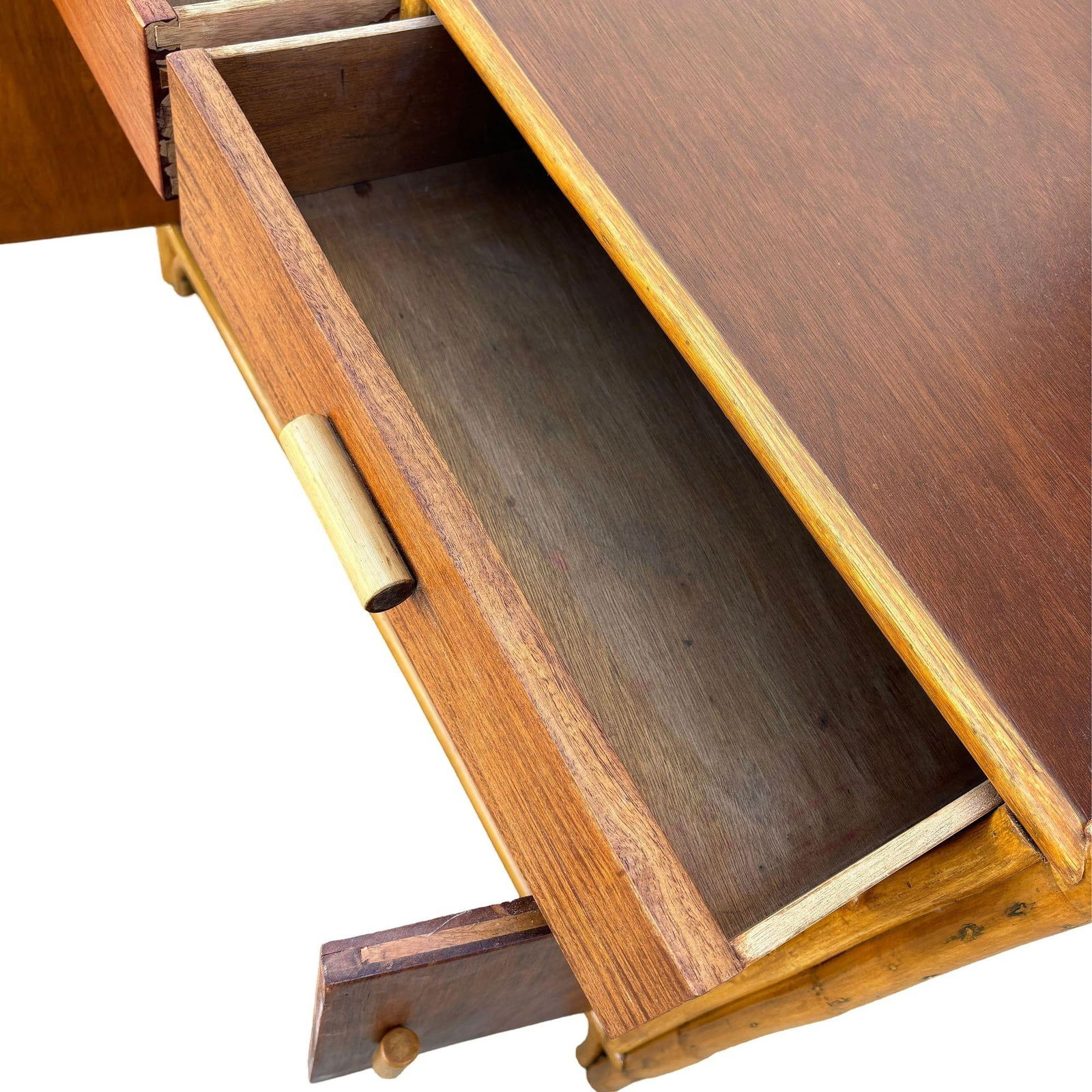 Restored Early Mid-century Stacked Rattan Credenza TV Stand w/ Mahogany Top - 17