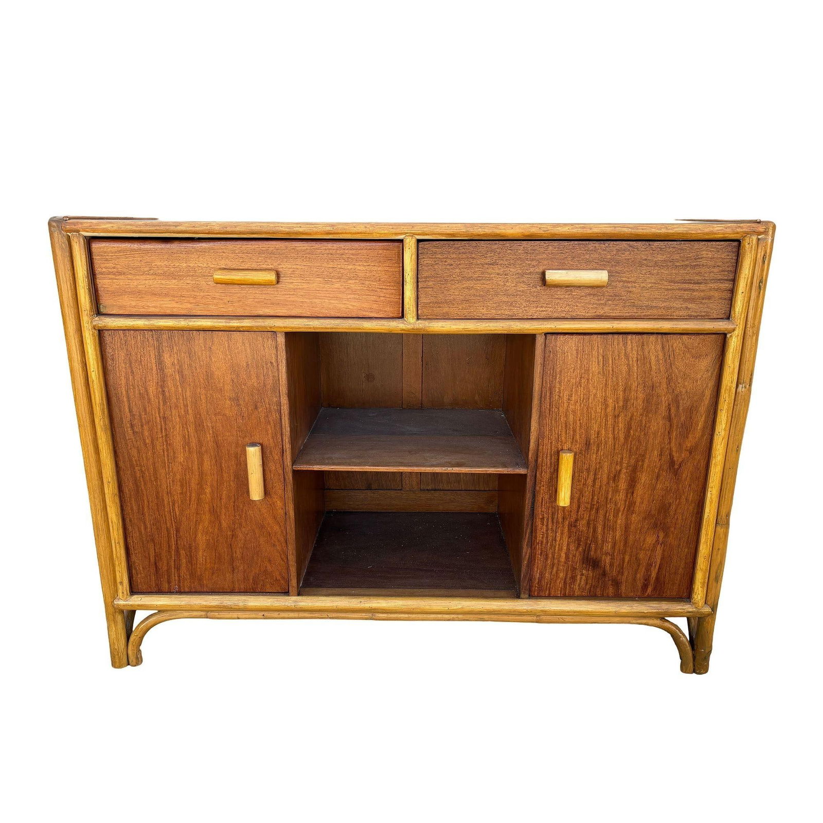 Restored Early Mid-century Stacked Rattan Credenza TV Stand w/ Mahogany Top - 8