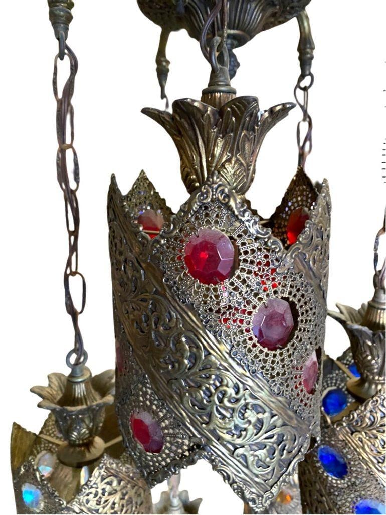 Hollywood Regency Jewel Prisms Filigree 5 Light Hanging Chandelier, Circa 1950 - 10