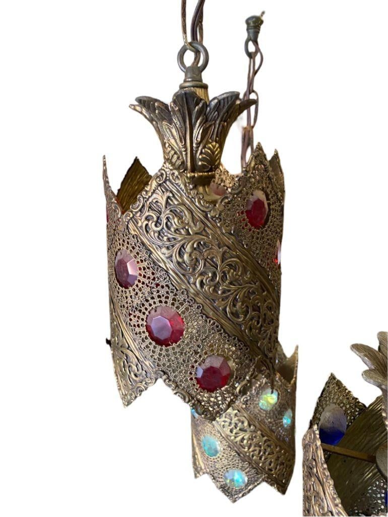 Hollywood Regency Jewel Prisms Filigree 5 Light Hanging Chandelier, Circa 1950 - 5