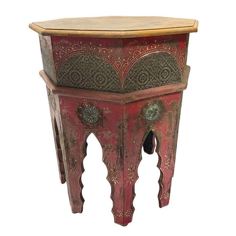 Hand Painted Moroccan Hexagon Wooden Boho Side Table w/ Brass Inlays - 17