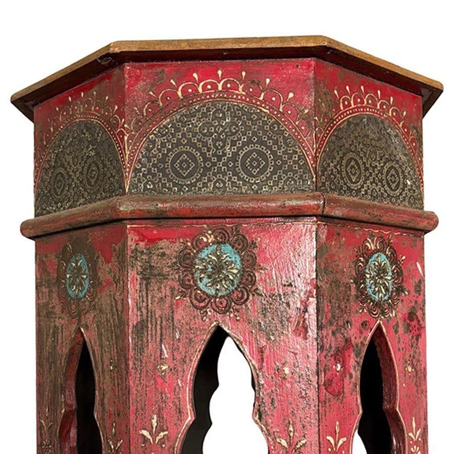 Hand Painted Moroccan Hexagon Wooden Boho Side Table w/ Brass Inlays - 5