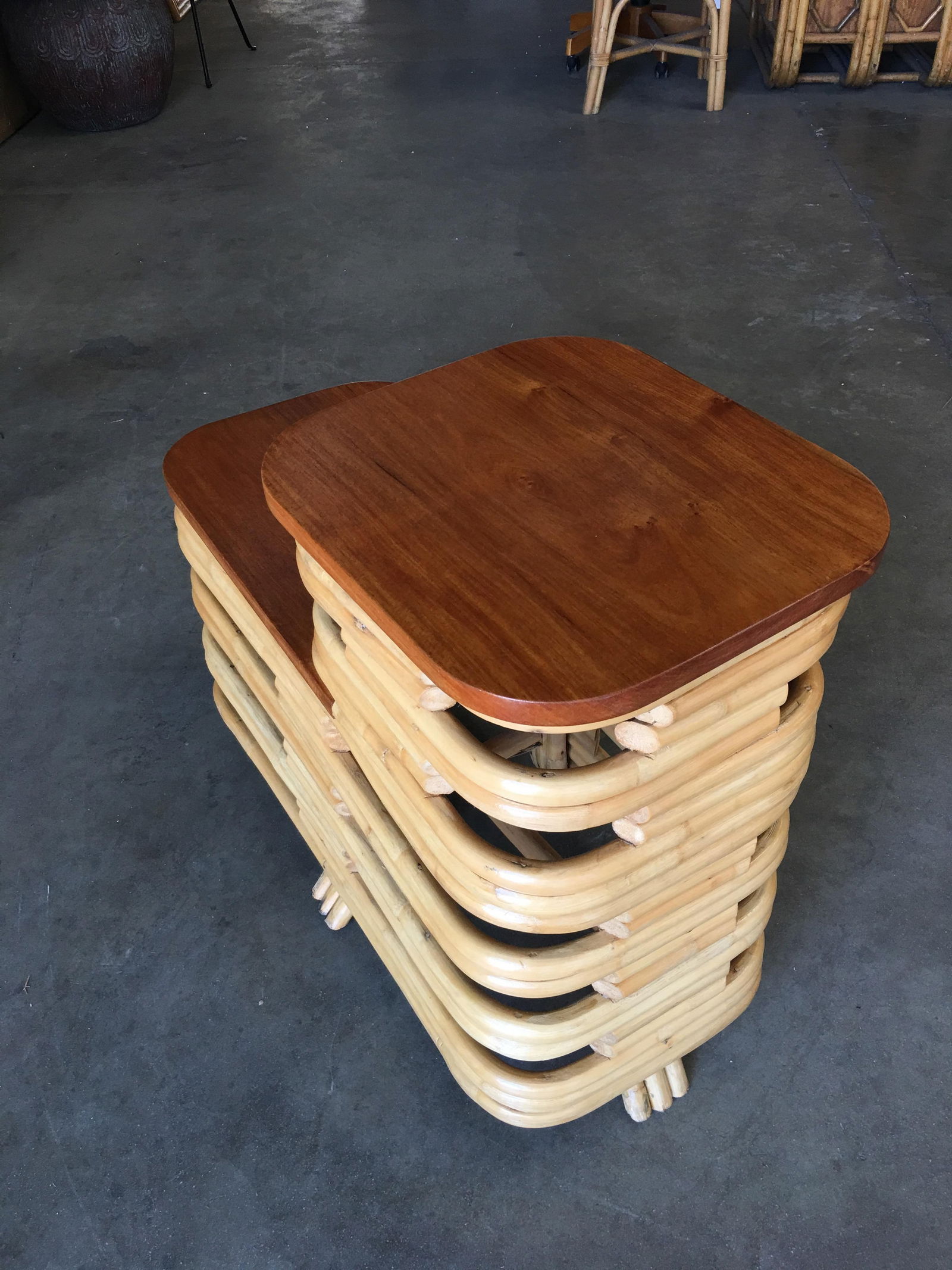 Pair Art Deco Stacked Rattan Side Table with Legs - 11