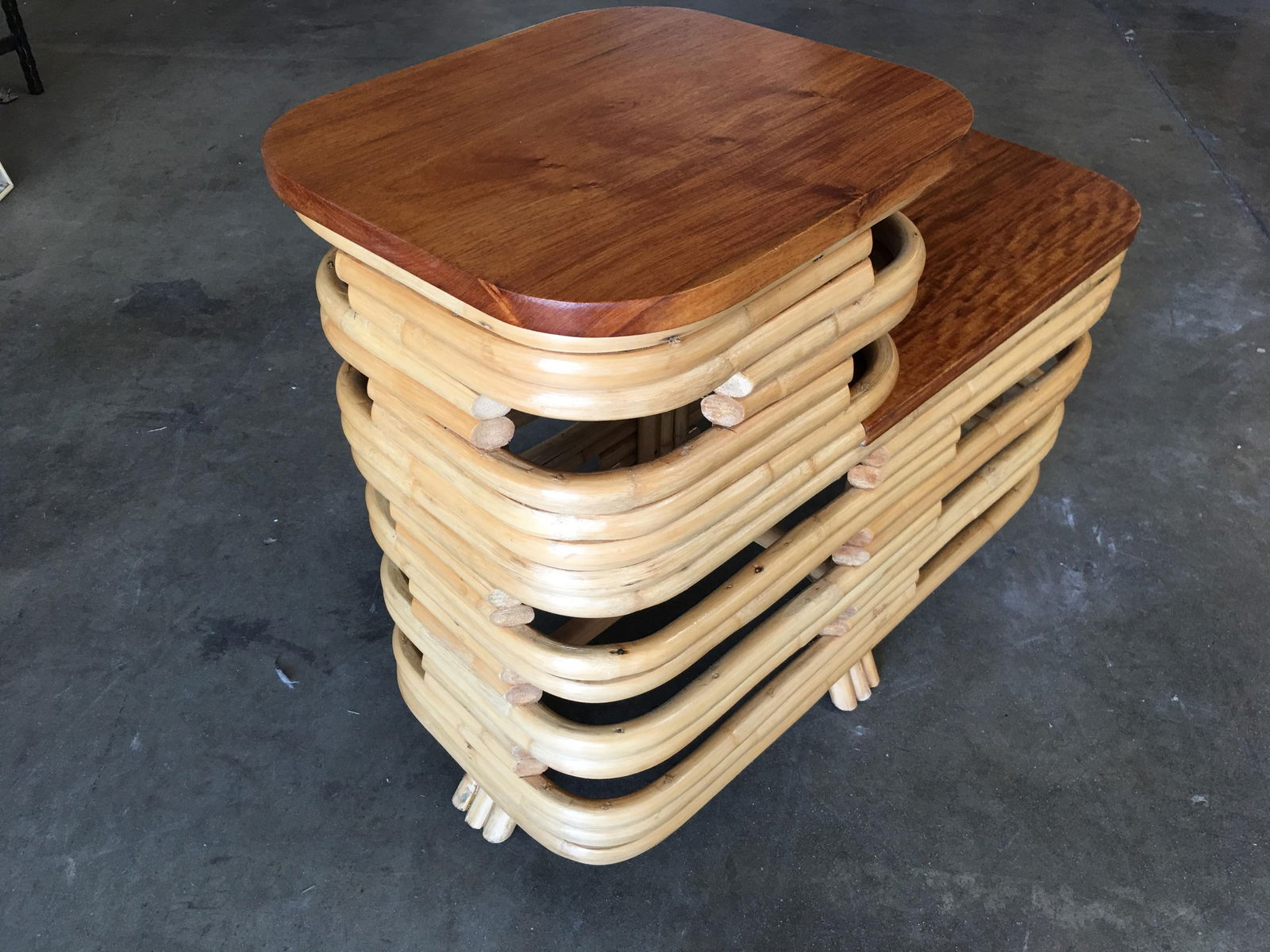 Pair Art Deco Stacked Rattan Side Table with Legs - 13