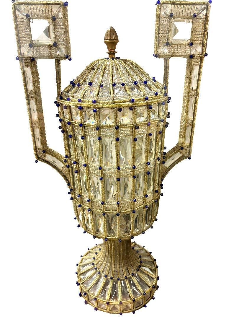 Italian Beadwork Glass & Cut Crystal Vase Lamp Mounted in Case - 18