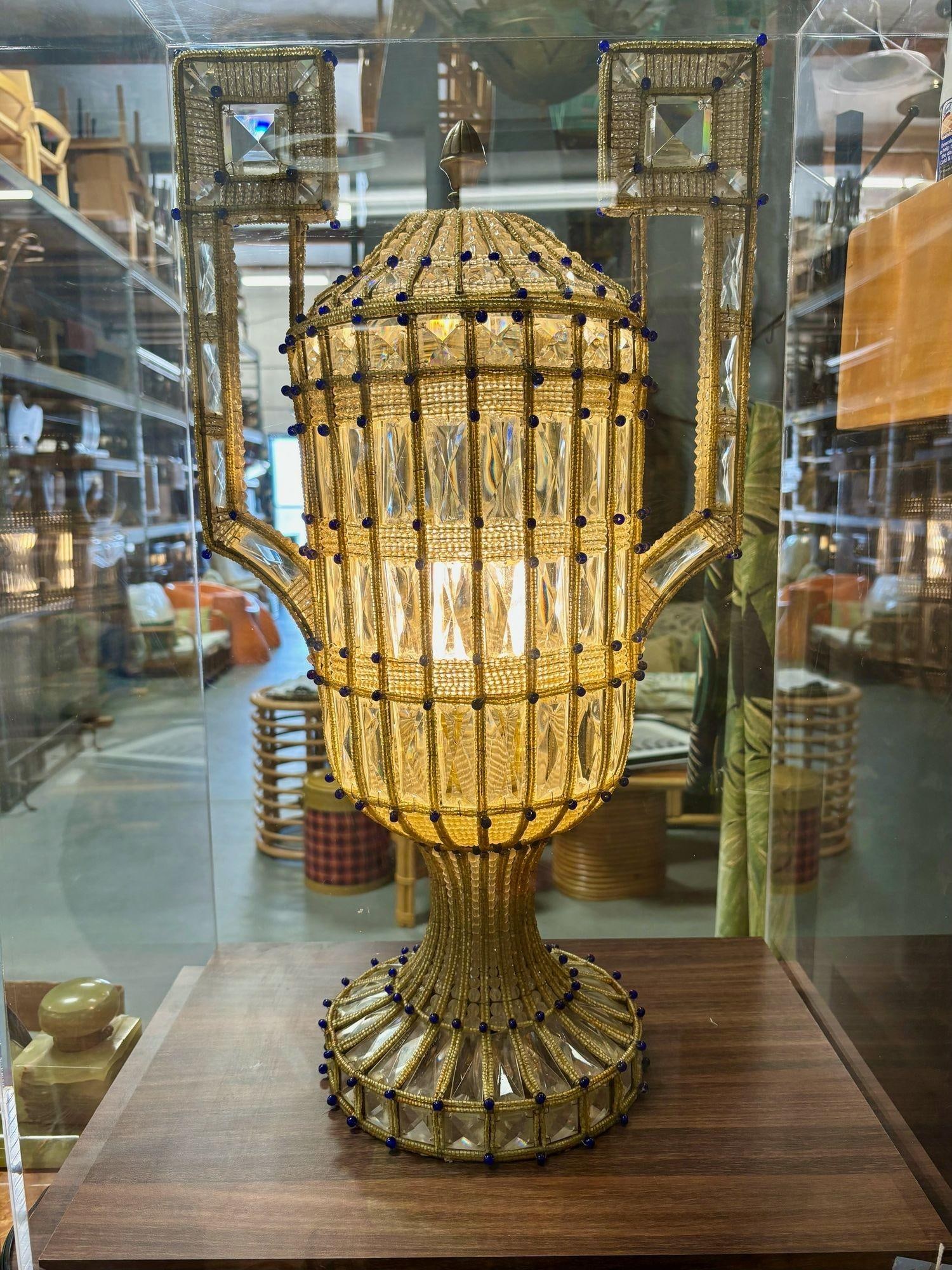 Italian Beadwork Glass & Cut Crystal Vase Lamp Mounted in Case - 6