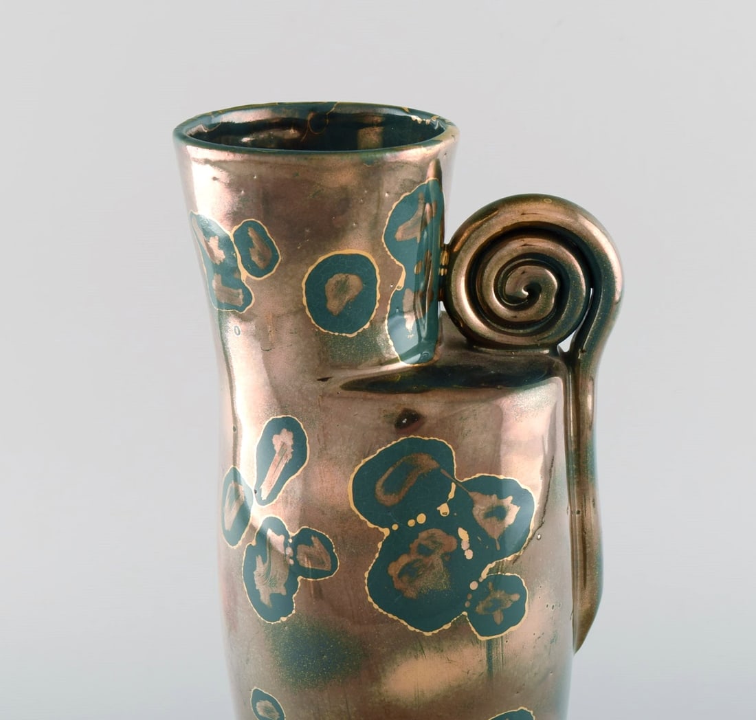 Arts Ceram Grand Feu, France. Vase / pitcher in glazed stoneware. Beautiful glaze in gold and green - 2