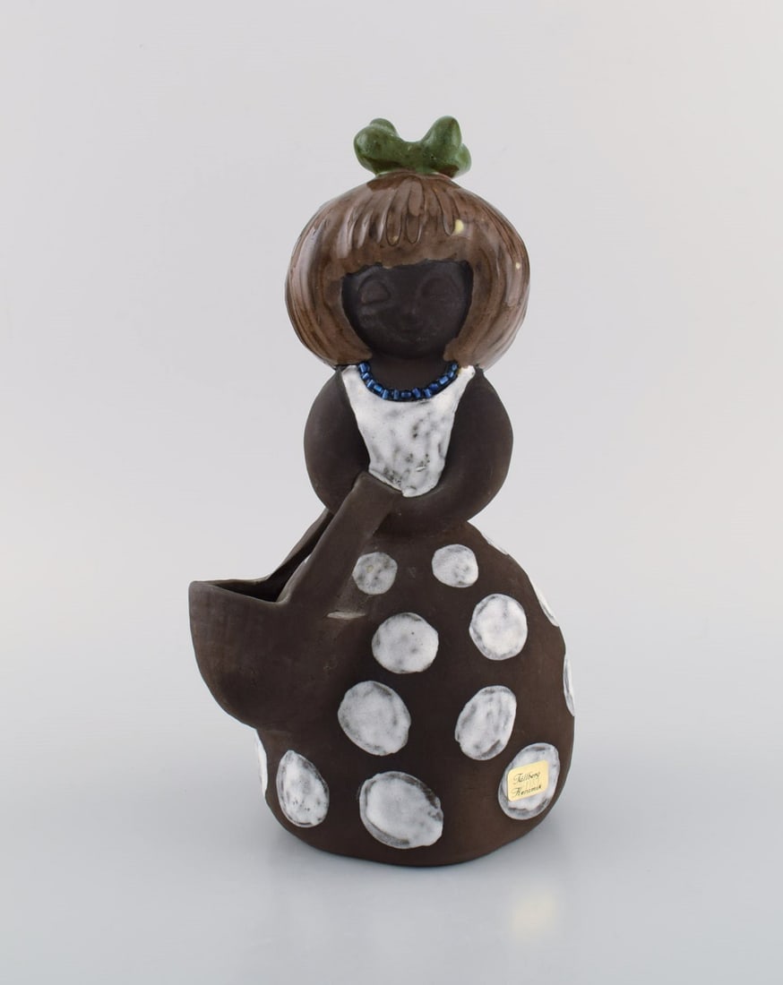 Tällberg, Sweden. Figure in glazed stoneware. Young girl with basket. 1970s. (1 of 7)