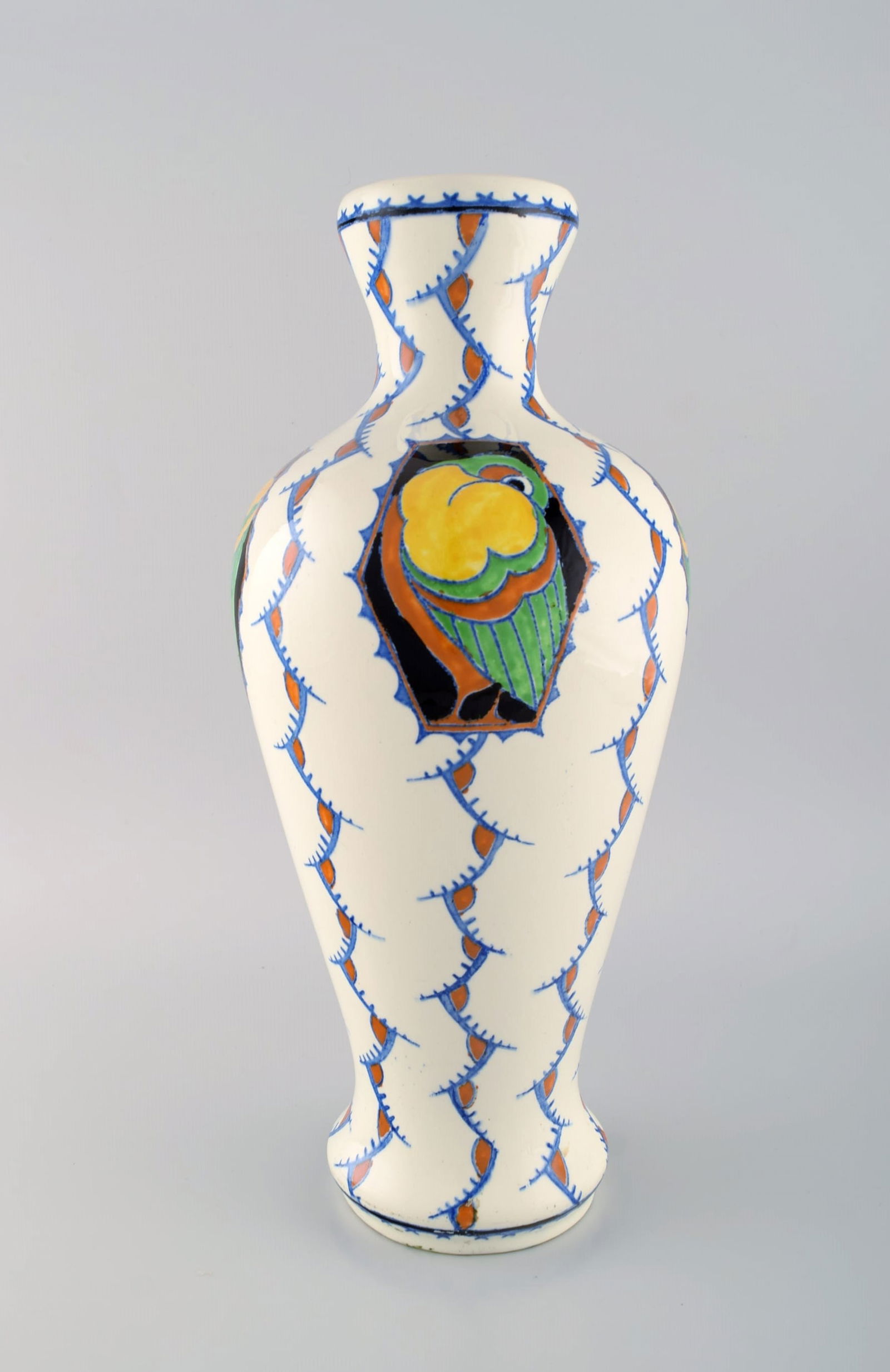 Boch Freres Keramis, Belgium. Large art deco vase in glazed ceramics with hand-painted birds. 1920s - 2