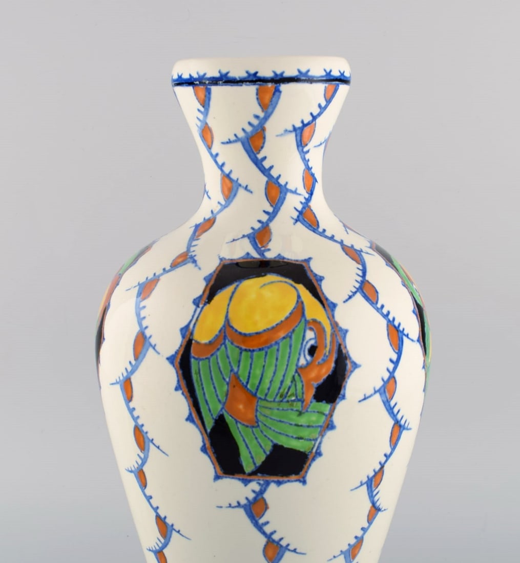 Boch Freres Keramis, Belgium. Large art deco vase in glazed ceramics with hand-painted birds. 1920s - 3