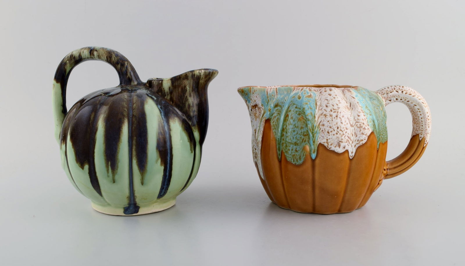 Four retro jugs in glazed ceramics. Beautiful glazes and shapes. Belgium, 1960s / 70s. - 4