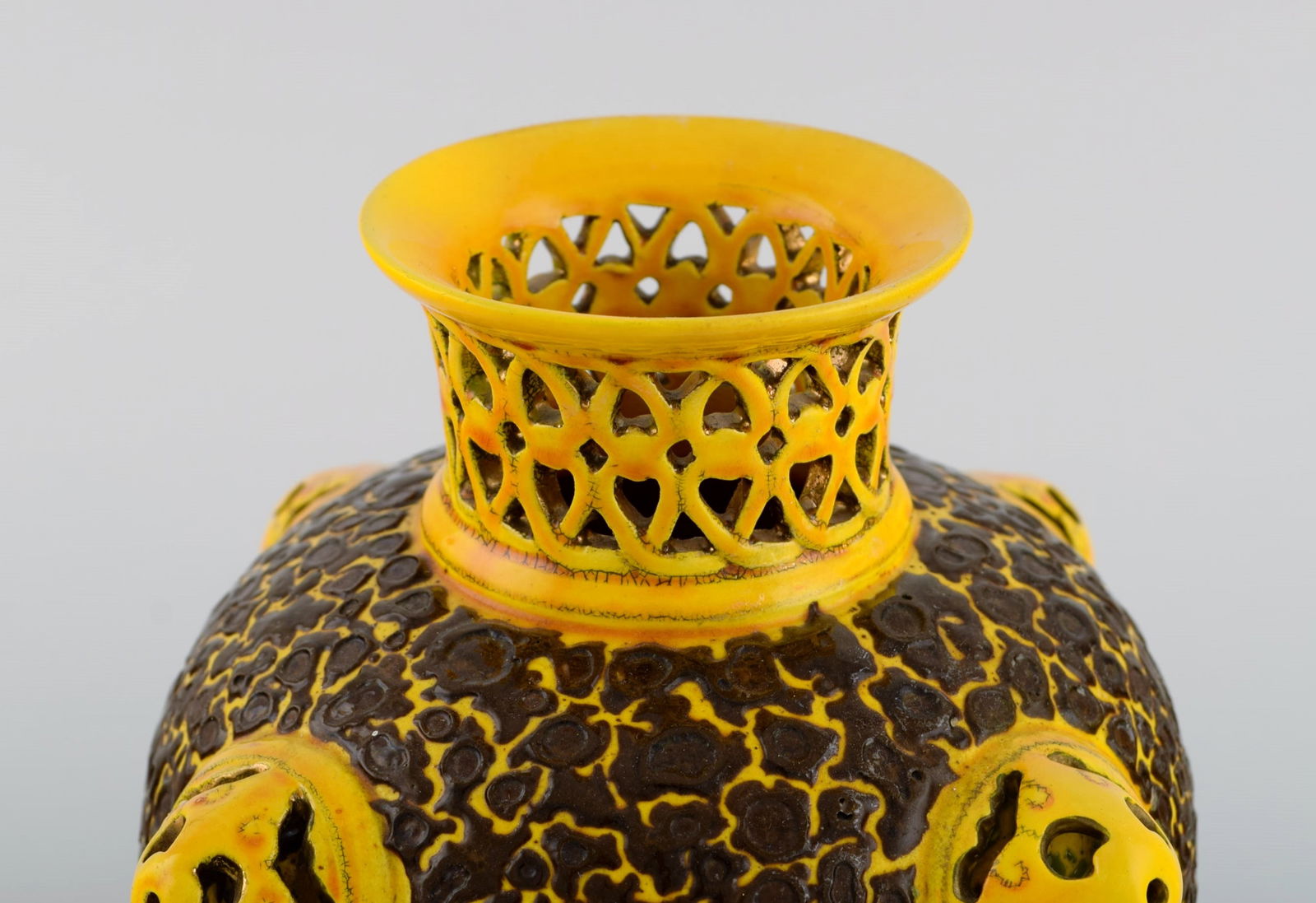 Antique Zsolnay vase in openwork glazed ceramics. Beautiful glaze in yellow and brown shades. Dated - 3