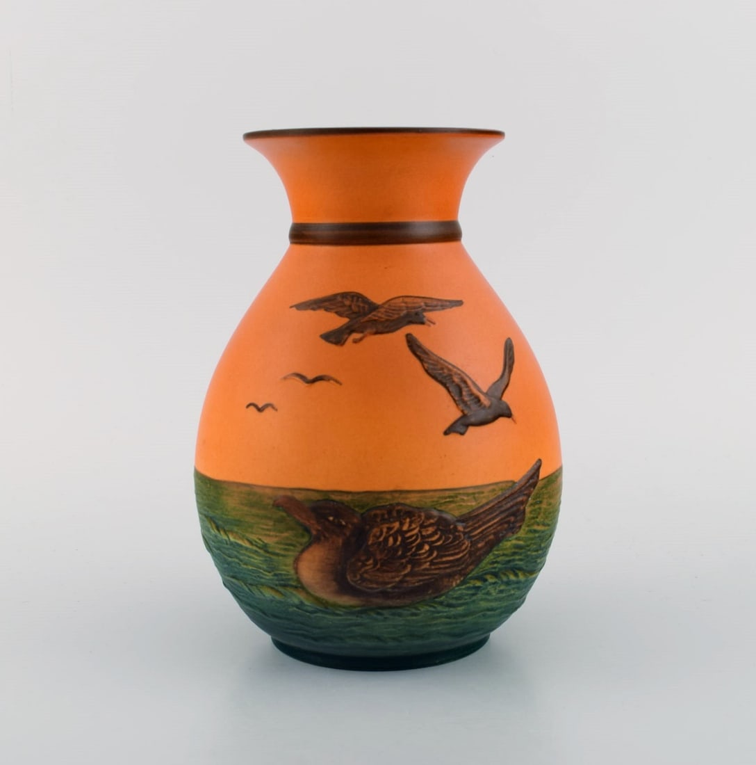 Ipsen's, Denmark. Vase with seagulls in hand-painted glazed ceramics. Model number 476. 1930's. (1 of 5)