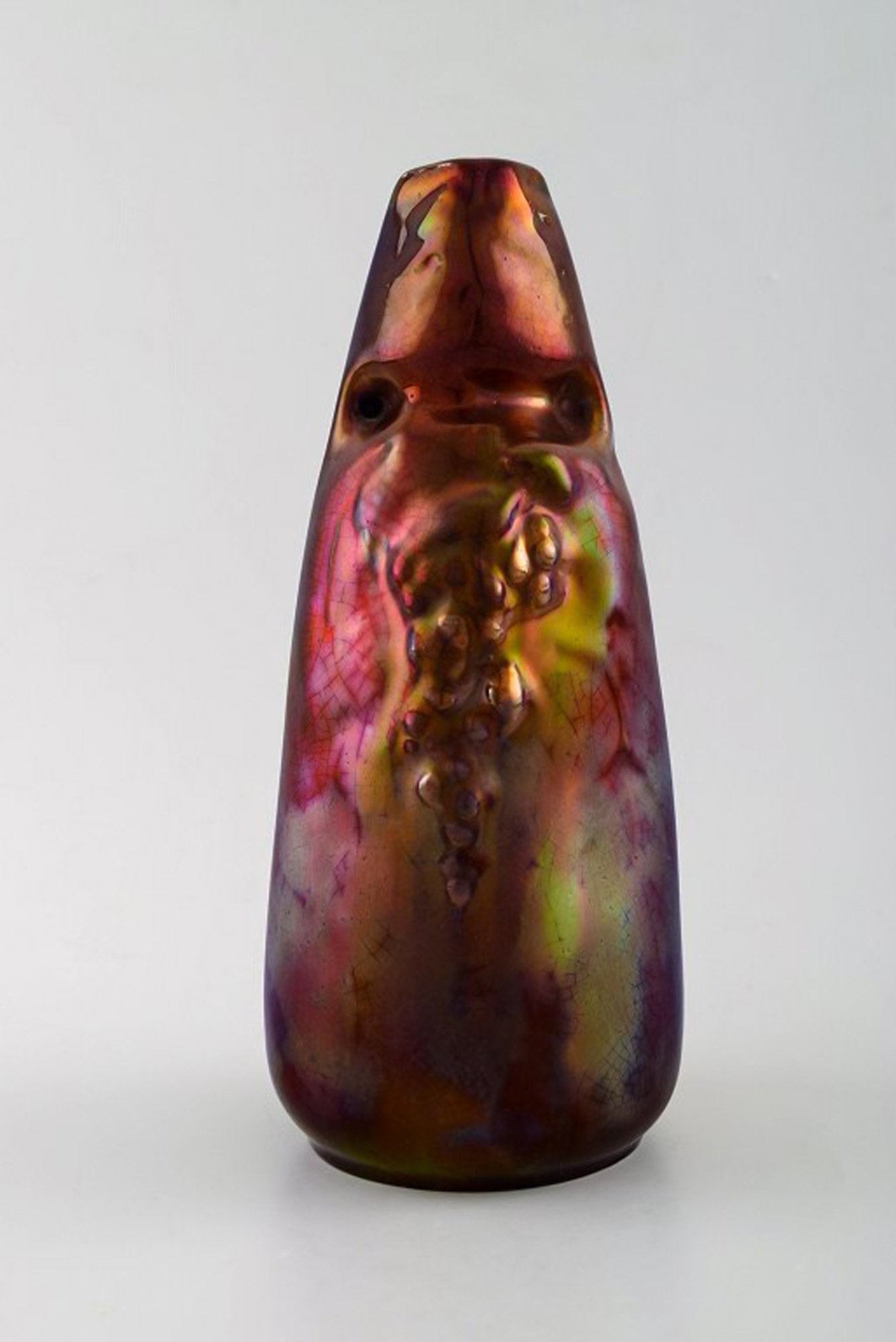 MONTIERES ART NOUVEAU IRIDESCENT CERAMIC VASE.: Title: MONTIERES ART NOUVEAU IRIDESCENT CERAMIC VASE. Description: MONTIERES ART NOUVEAU IRIDESCENT CERAMIC VASE. Early 1900's. Measures: 20 cm. x 9 cm. Stamped. In perfect condition. Reserve: $700.00