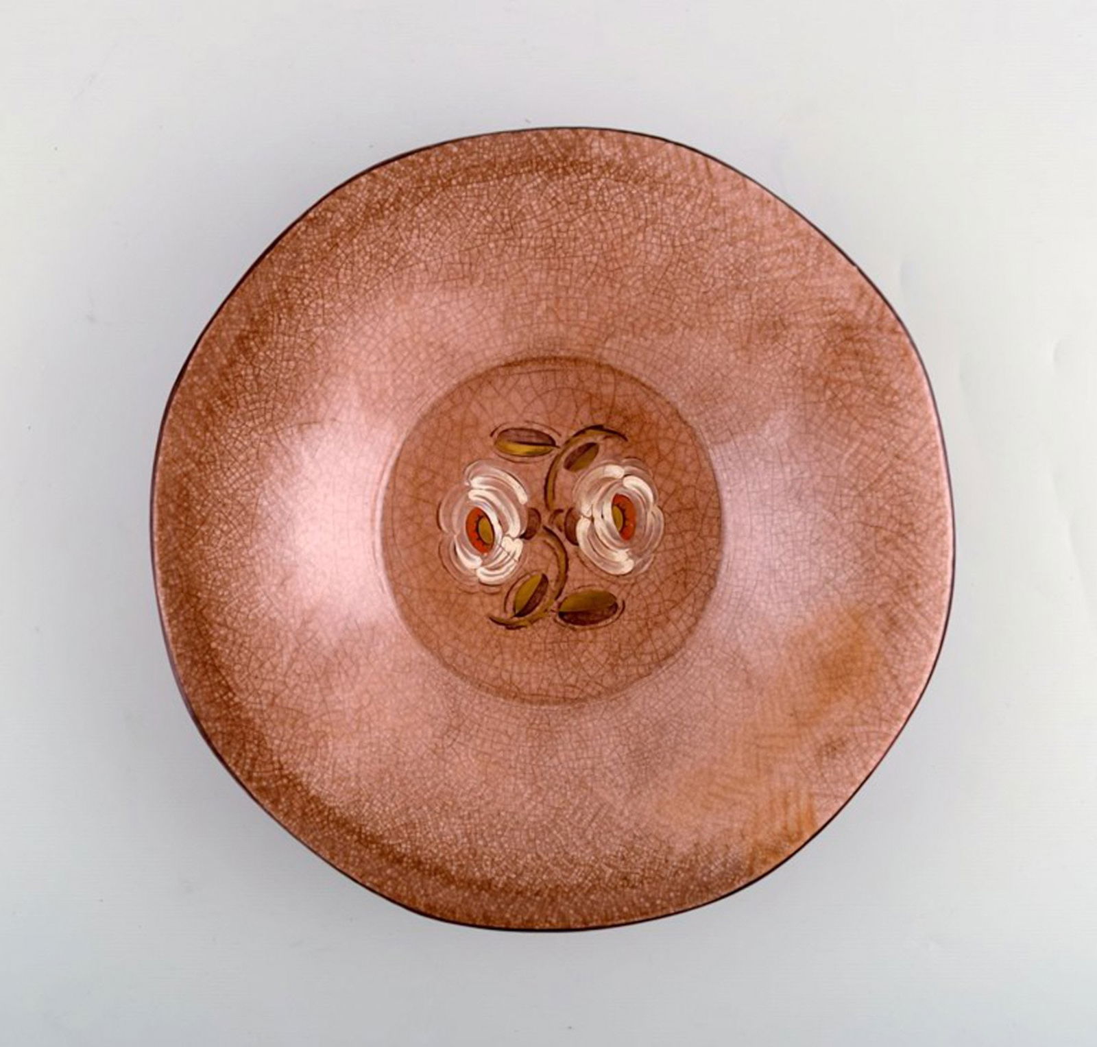 Rörstrand. Large "Adelborg" bowl in glazed crackled faience with floral motif. 1920 / 30's. (1 of 5)