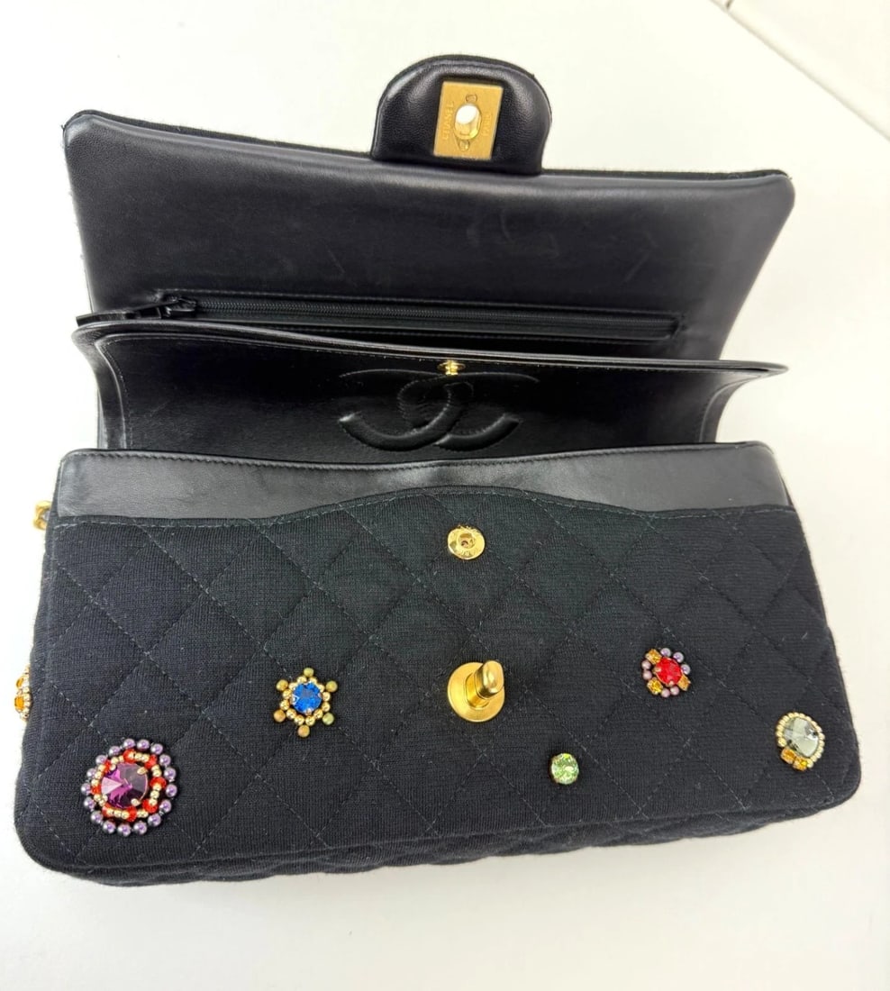 Chanel Jersey Knit Quilted Crystal Embellished Medium Double Flap Bag - 5