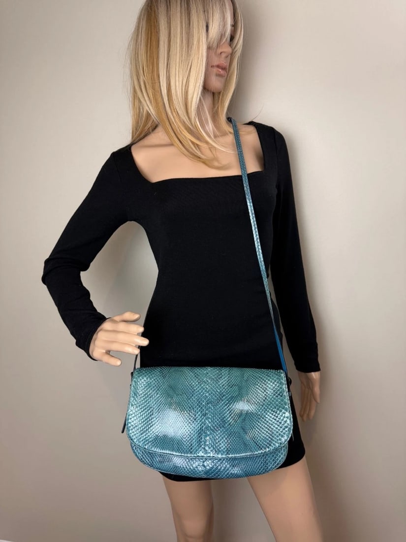 Bottega Veneta Python Embossed Blue Leather Shoulder Bag - 13