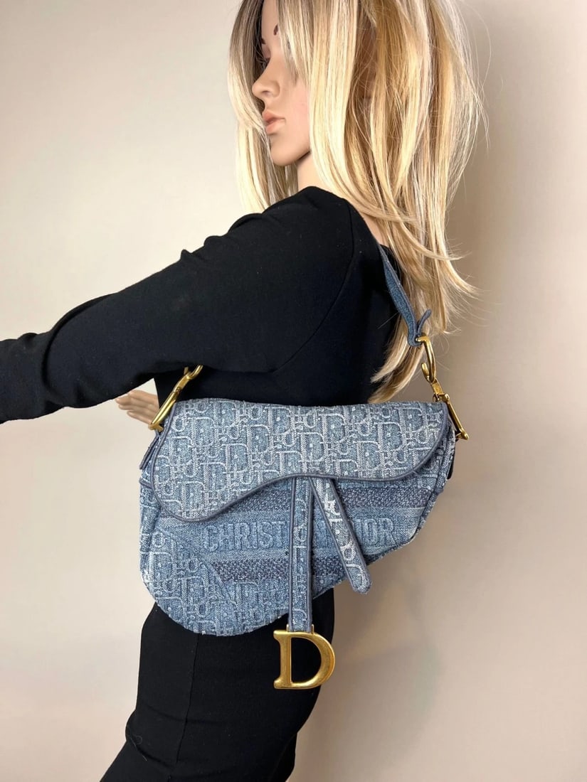 Christian Dior Oblique Embroidered Saddle Denim Blue Canvas Shoulder Bag - 17