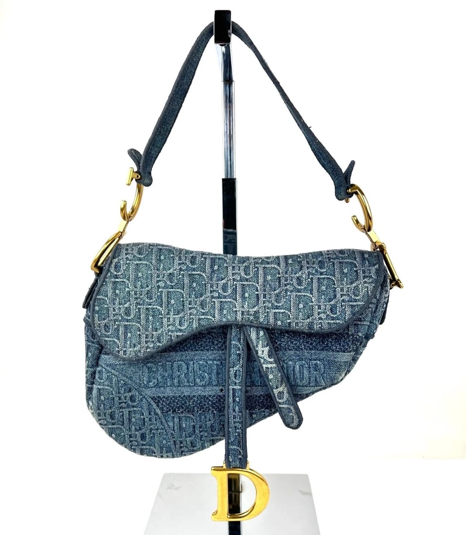 Christian Dior Oblique Embroidered Saddle Denim Blue Canvas Shoulder Bag - 2