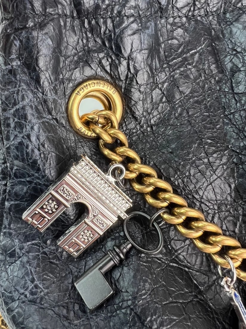 Balenciaga Leather Crush Medium Black Paris Charms Tote Bag - 13