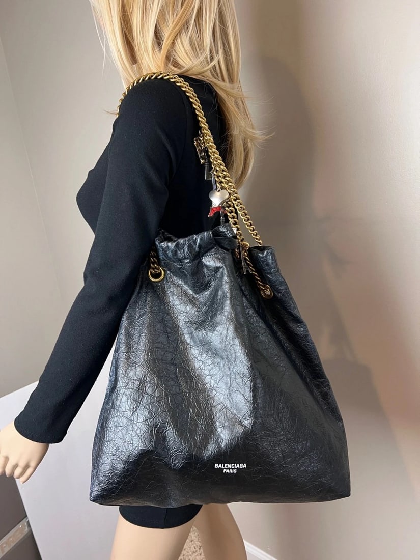 Balenciaga Leather Crush Medium Black Paris Charms Tote Bag - 15