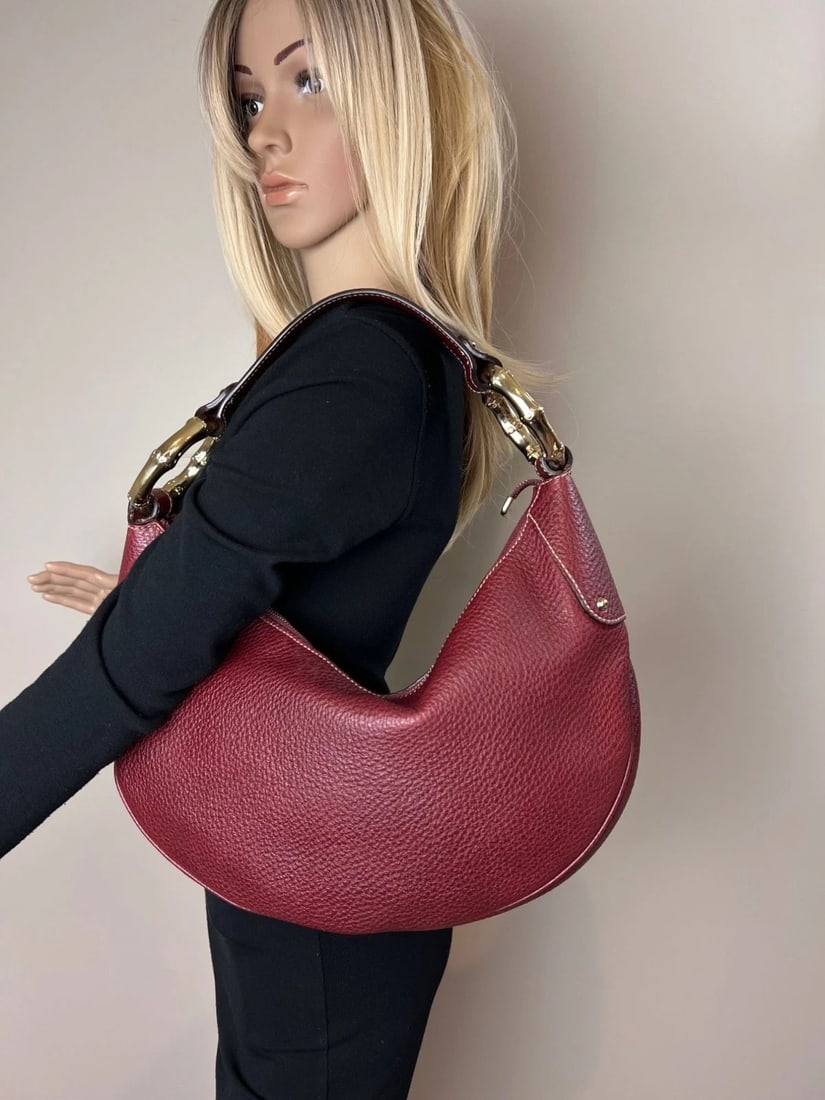 Gucci Half Moon Burgundy Leather Bamboo Ring Hobo Bag - 17