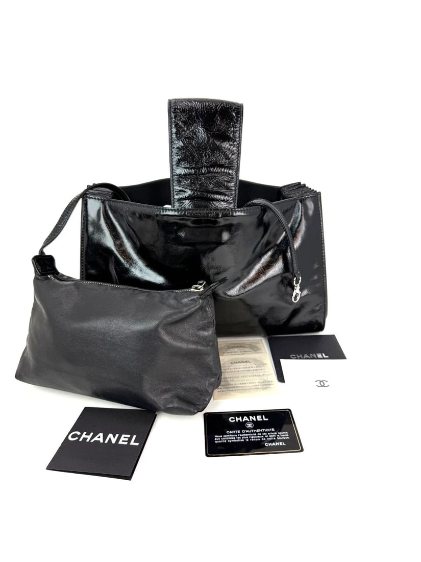 Chanel Patent Mademoiselle lock Convertible Wrist Clutch Black Bag - 3