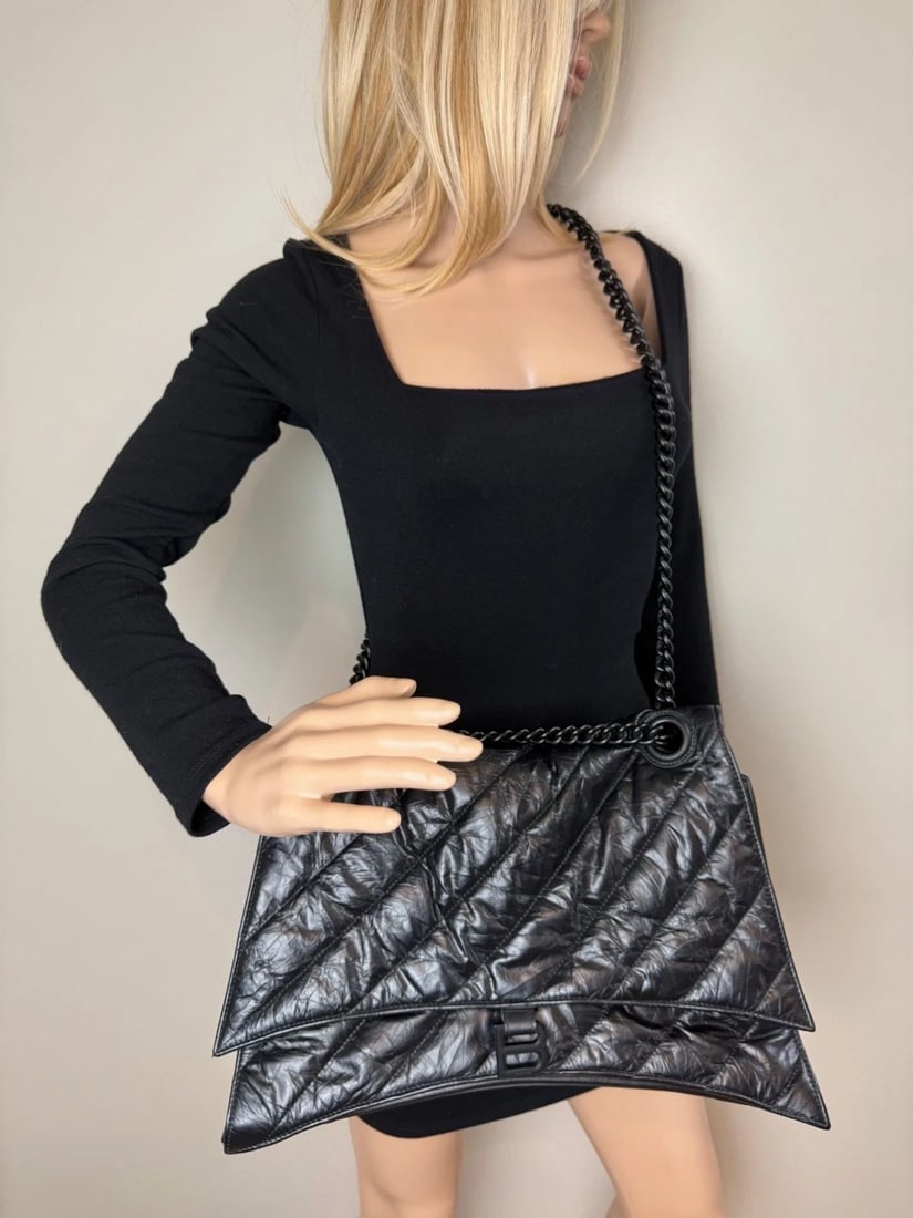 Balenciaga Large Crush Leather Matte Black Quilted Shoulder Bag - 14