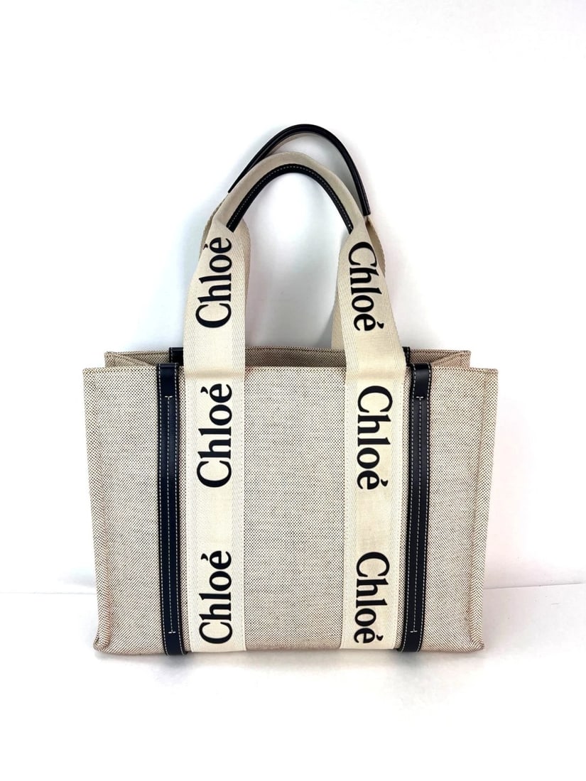 Chloe Woody Ribbon Medium Cotton Calfskin Beige Tote Bag - 3