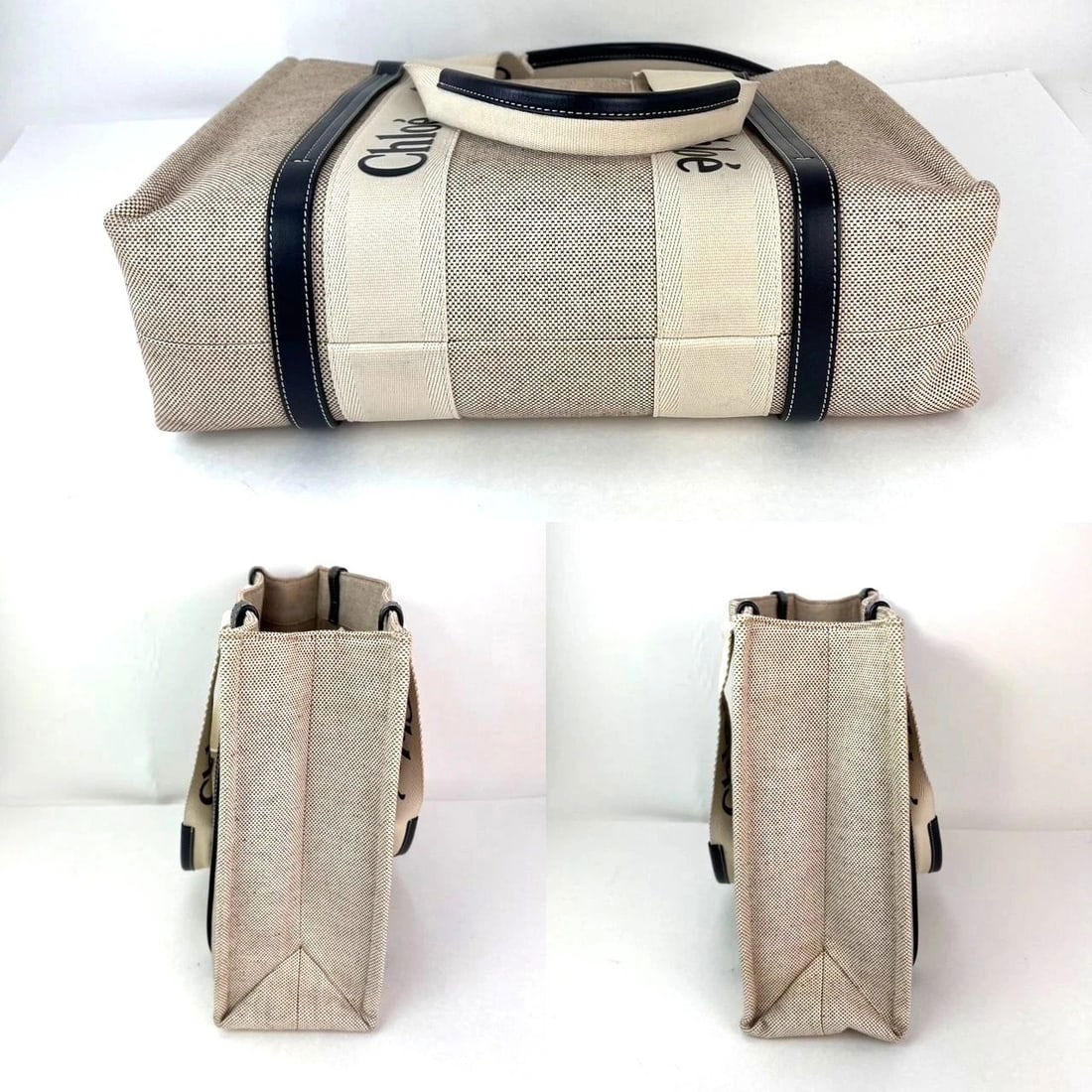 Chloe Woody Ribbon Medium Cotton Calfskin Beige Tote Bag - 4