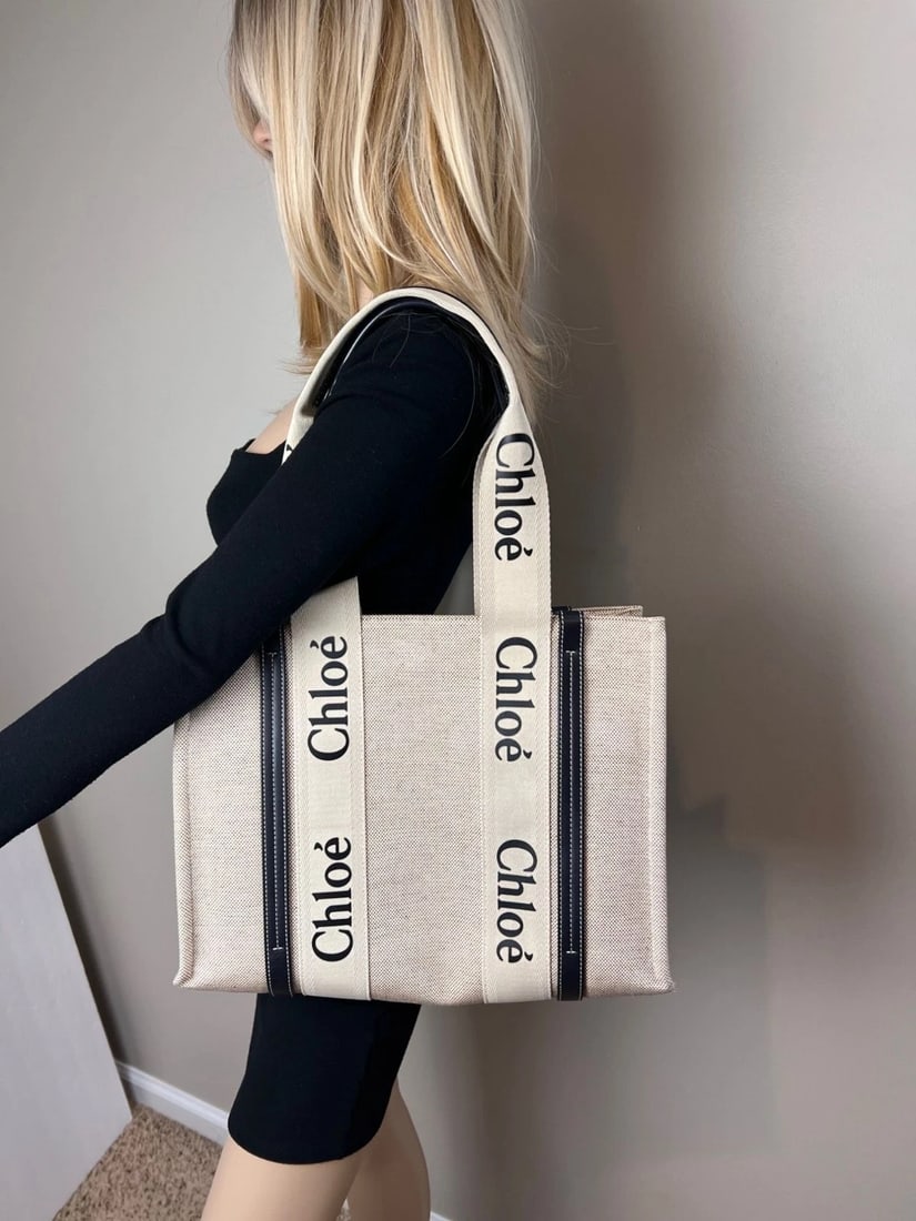 Chloe Woody Ribbon Medium Cotton Calfskin Beige Tote Bag - 8