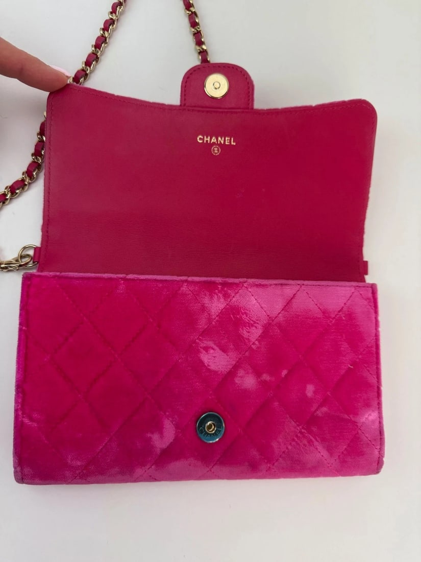 Chanel Velvet Quilted Timeless Fuchsia Wallet on a Chain Clutch Bag - 12