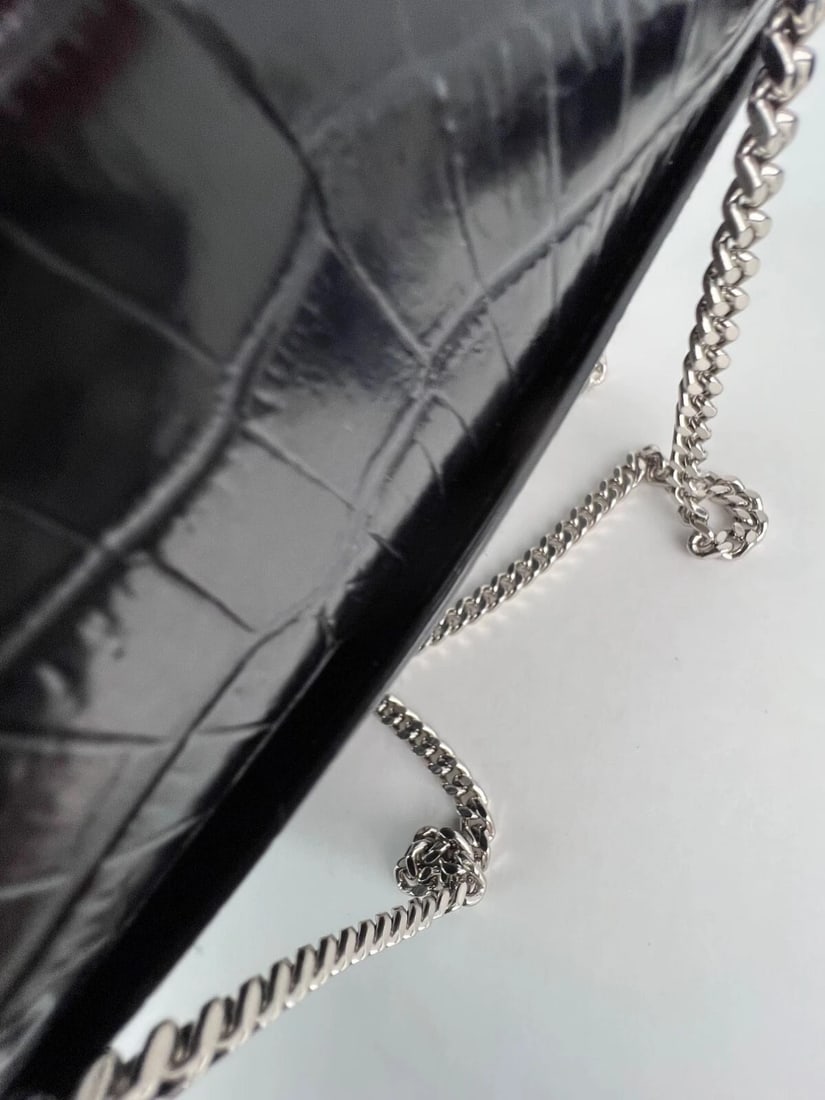 Saint Laurent Black Leather Sunset Wallet Chain Crocodile EmbossedBag - 16