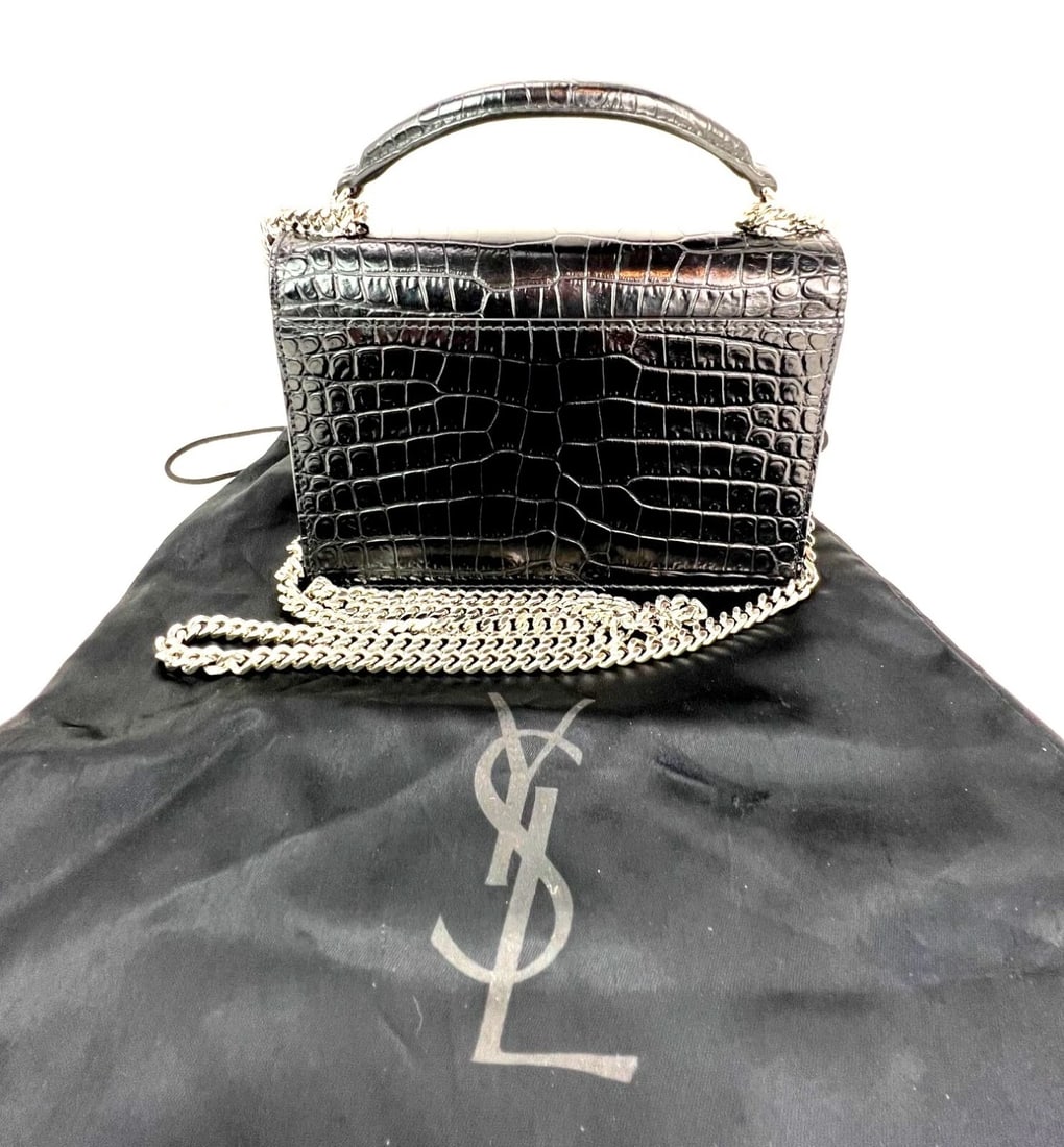 Saint Laurent Black Leather Sunset Wallet Chain Crocodile EmbossedBag - 3