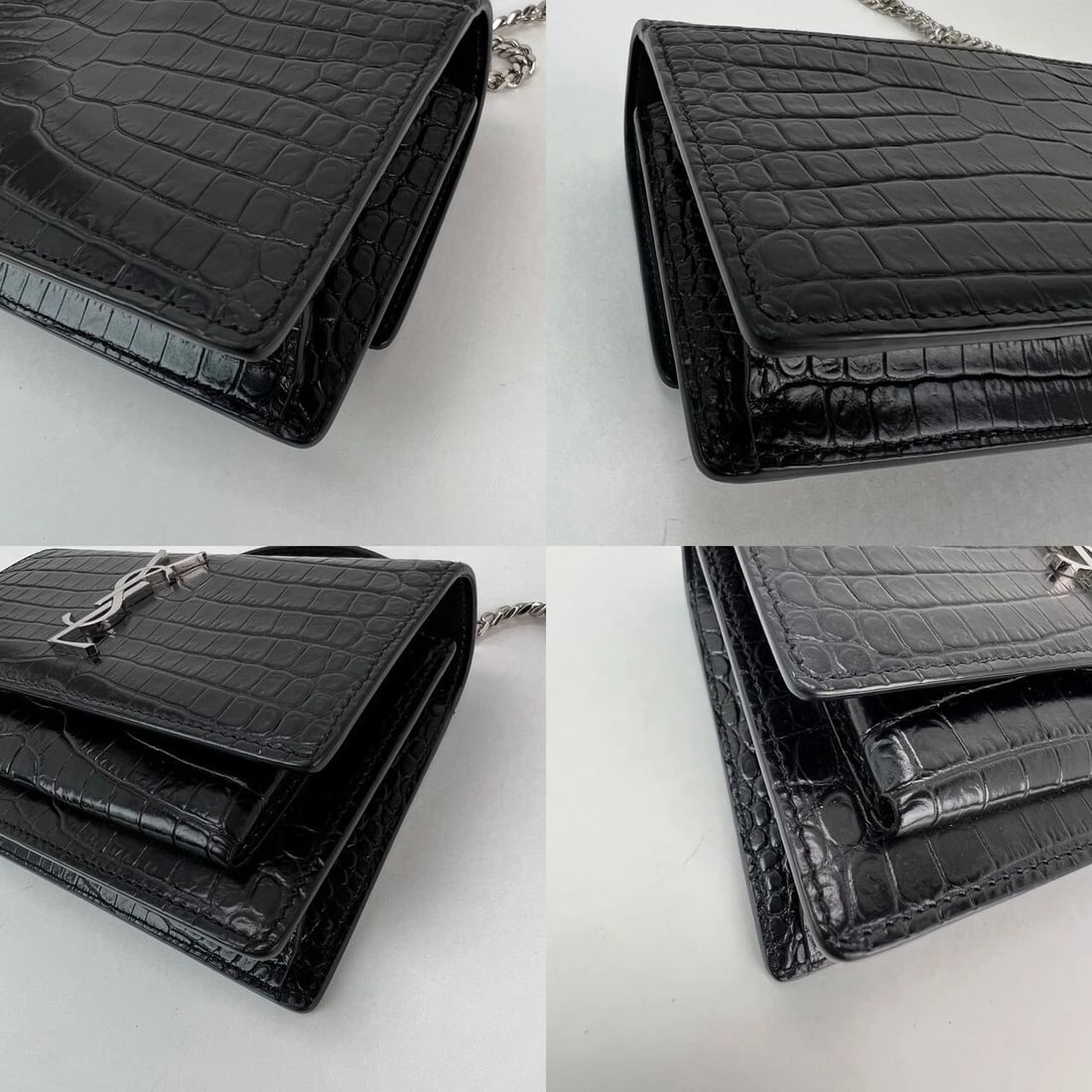 Saint Laurent Black Leather Sunset Wallet Chain Crocodile EmbossedBag - 7