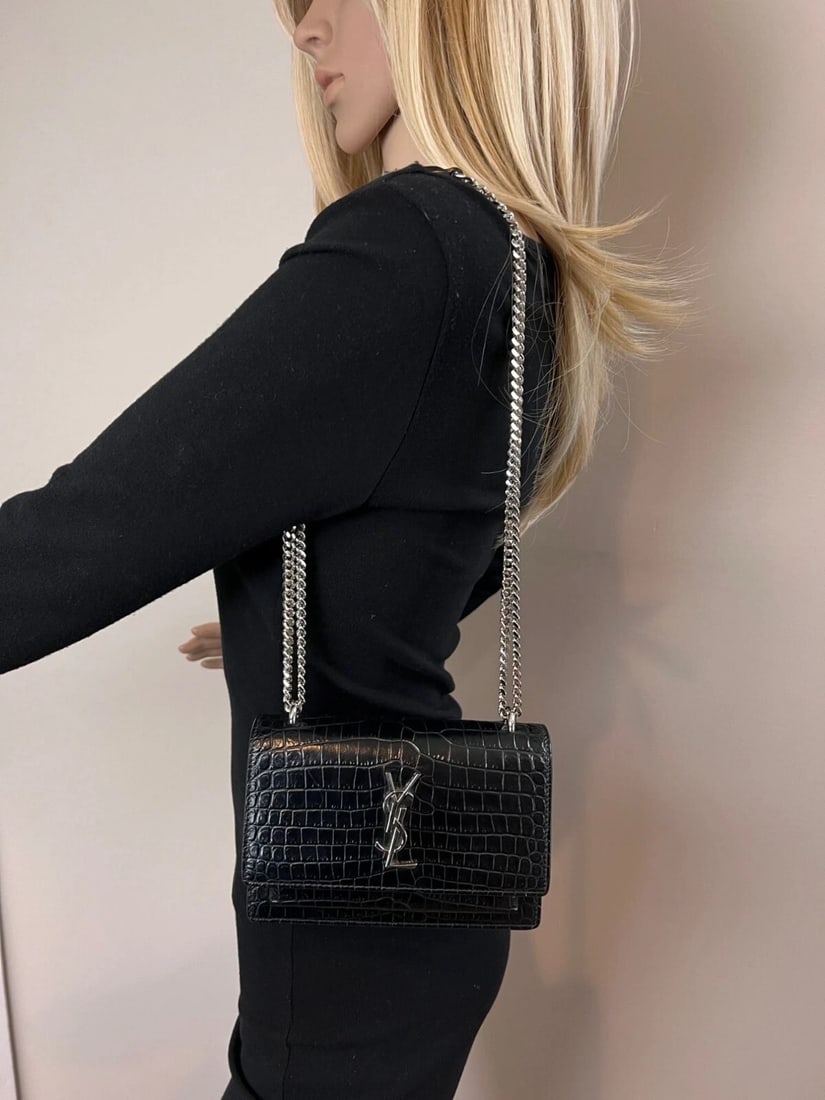 Saint Laurent Black Leather Sunset Wallet Chain Crocodile EmbossedBag - 8