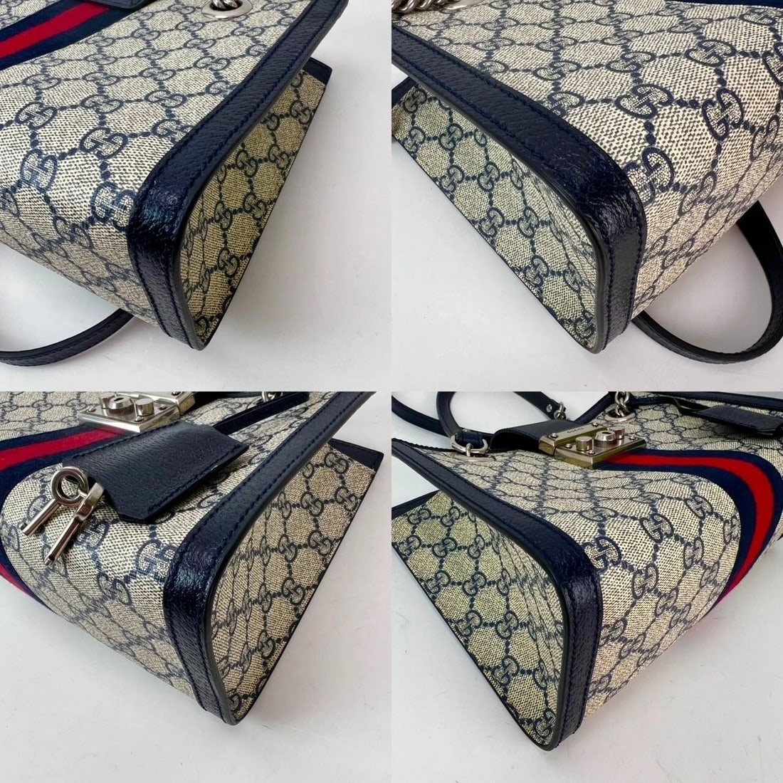 Gucci GG Supreme Dollar Calfskin Web Small Padlock Navy Tote - 12