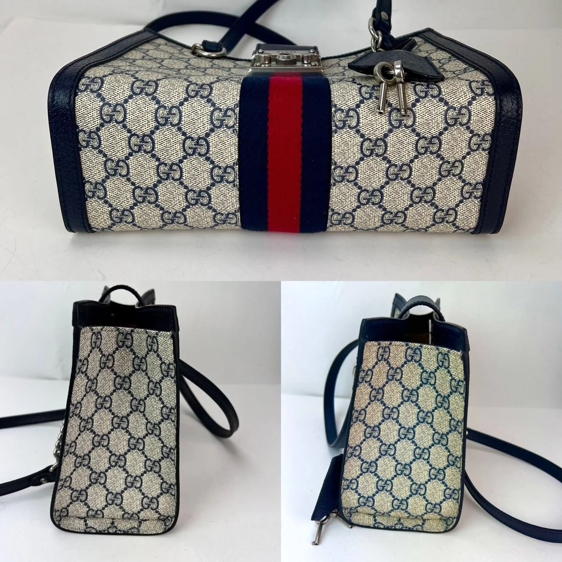Gucci GG Supreme Dollar Calfskin Web Small Padlock Navy Tote - 13