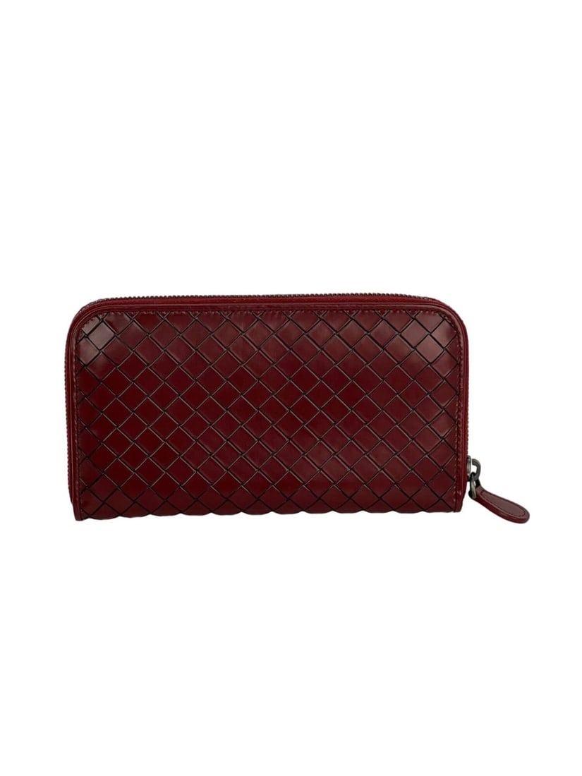 Bottega Veneta Burgundy Intrecciato Zip Around Leather Wallet Clutch - 2