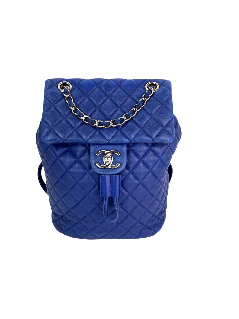 Chanel Lambskin Quilted Small Urban Spirit Blue Backpack: Title: Chanel Lambskin Quilted Small Urban Spirit Blue Backpack Description: Pre-Owned 100% Authentic Chanel Lambskin Quilted Small Urban Spirit Blue Backpack Bag RATING: B-...Good, shows some signs o