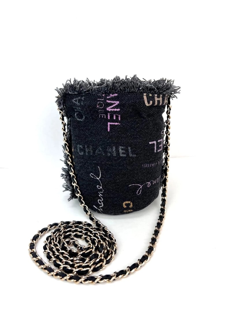 Chanel Denim Quilted Mood Mini Bucket With Chain Black - 3