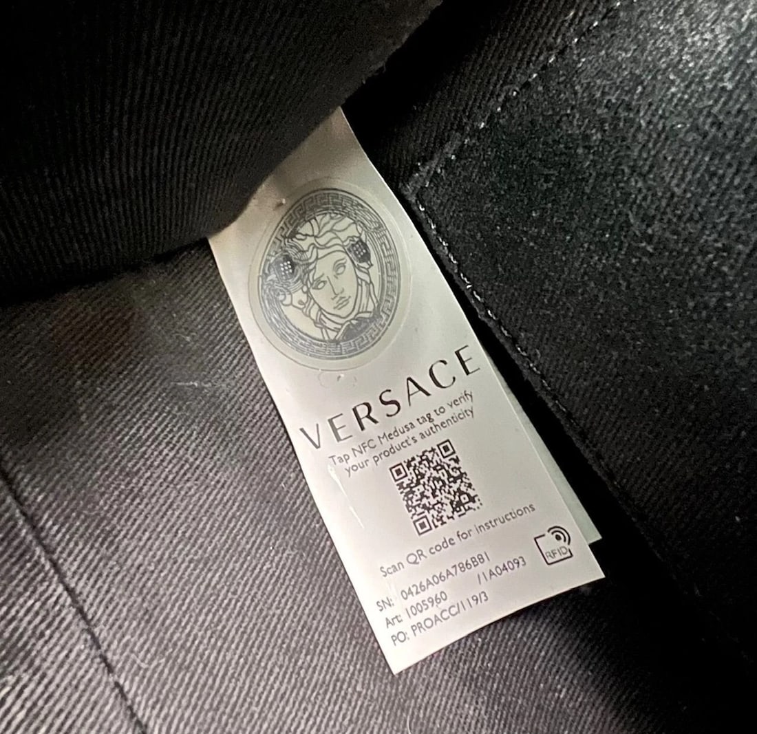 Versace Virtus Top Handle Grained Calfskin Light Blue Tote - 10