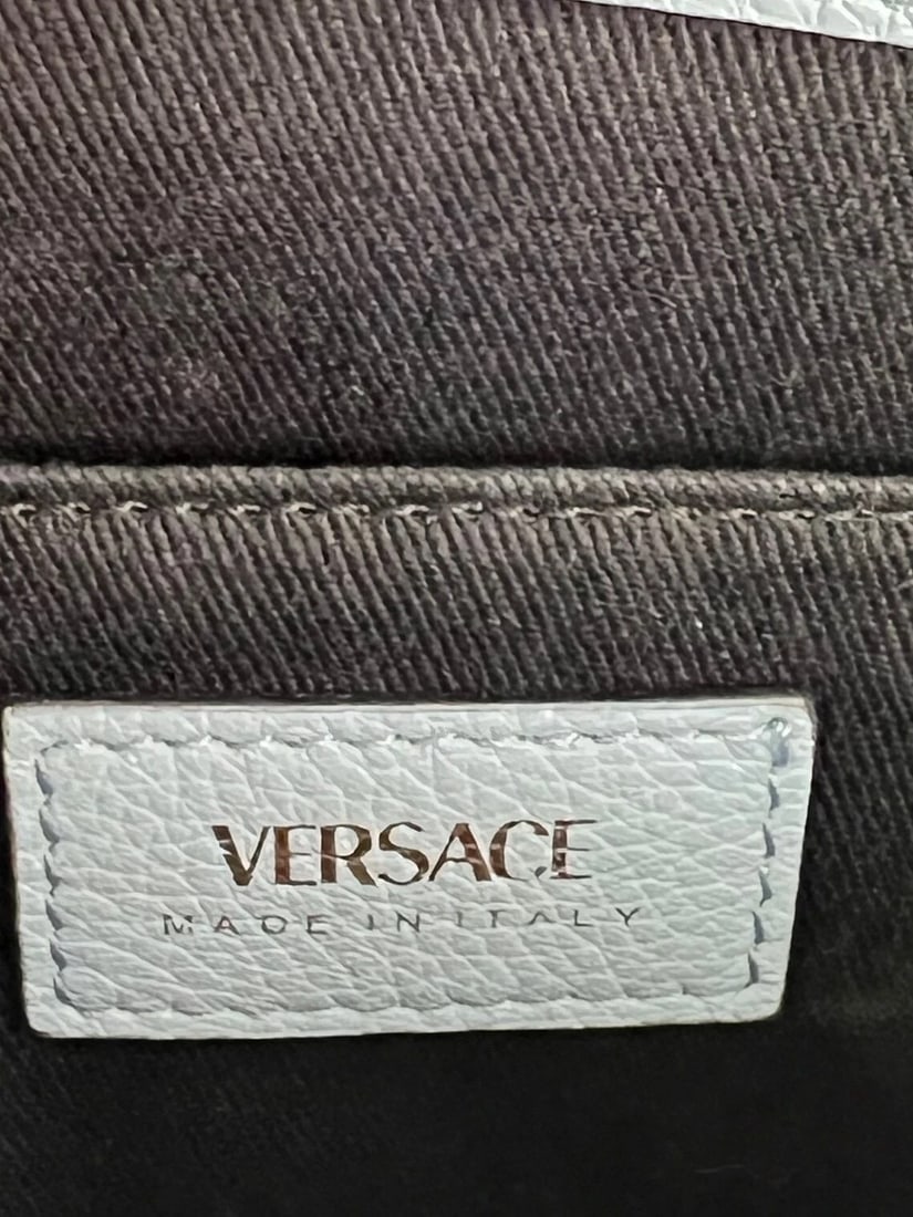 Versace Virtus Top Handle Grained Calfskin Light Blue Tote - 11