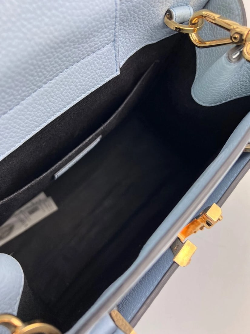 Versace Virtus Top Handle Grained Calfskin Light Blue Tote - 12
