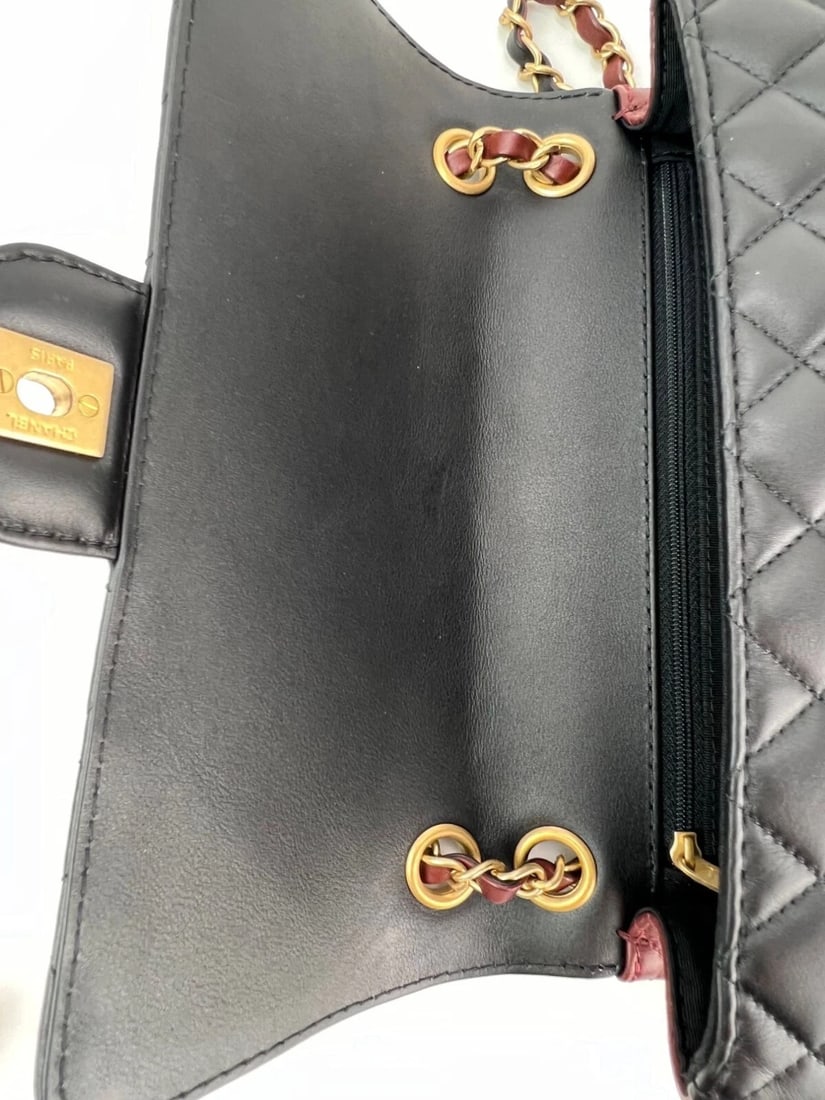 Chanel Calfskin Quilted Strap into Flap Black Burgundy Shoulder Bag - 9