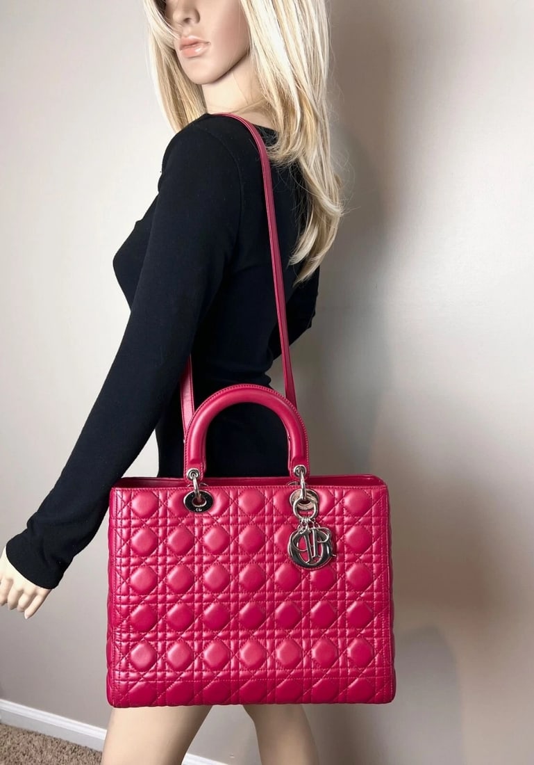 Christian Dior Lambskin Cannage Large Red Lady Dior Shoulder Bag - 12